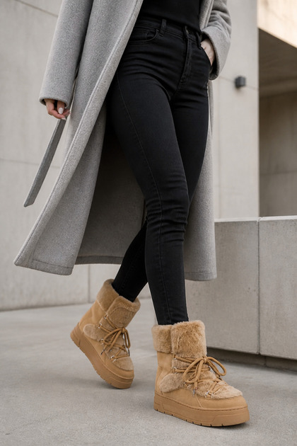 Wr-6267 Women's Camel Color Lace-Up Fur Detailed Thick Soled Winter Boots