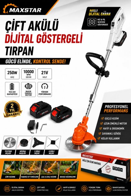 Maxstar 21V Çift Akülü Dijital Göstergeli Şarjlı Tırpan Teleskopik Çim Ot Çalı Biçme Makinesi Full