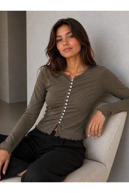 Women's Khaki Color Front Buttoned Long Sleeve Slim Viscose Fabric Cardigan Blouse