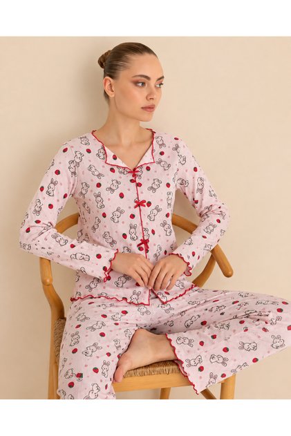 Women's Rabbit Patterned Bow Detailed Full Sleeve Pajama Set 45998