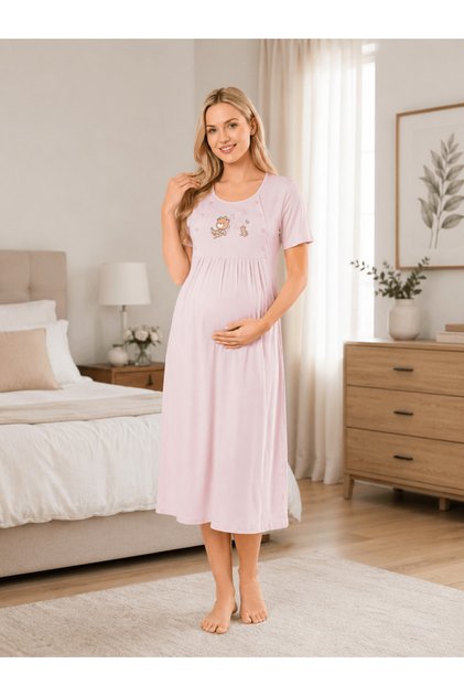 Maternity Short Sleeve Nursing Detailed Nightgown 23-50