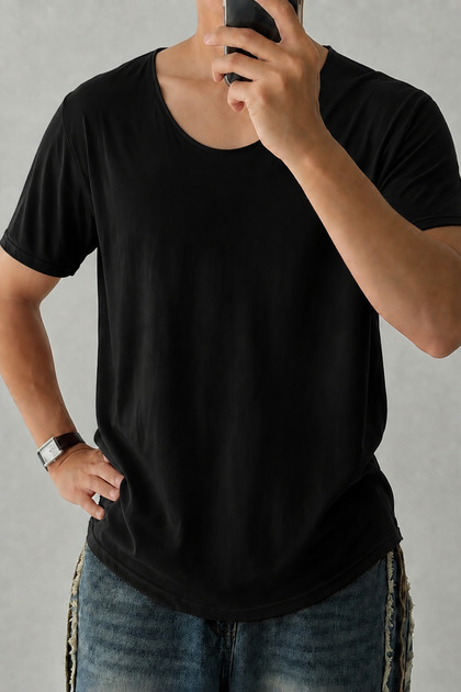 Men's Wide Collar Oval Hem 100% Cotton Single Jersey Fabric Short Sleeve Basic T-Shirt