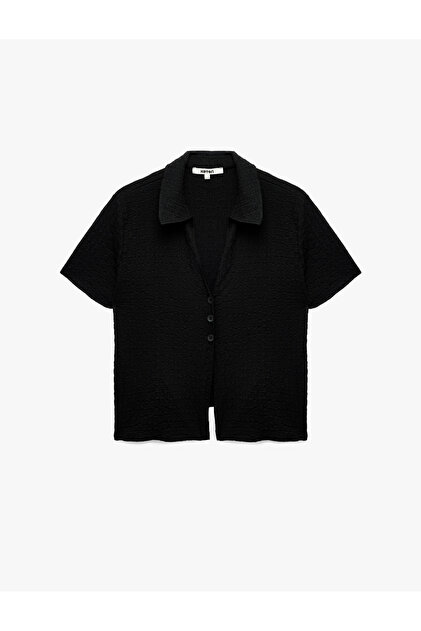 Slim Fit Wrinkled Fabric Textured Short Sleeve Buttoned Polo Collar T-Shirt