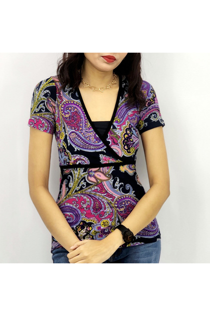 Women's Purple Floral V-Neck Short Sleeve Blouse