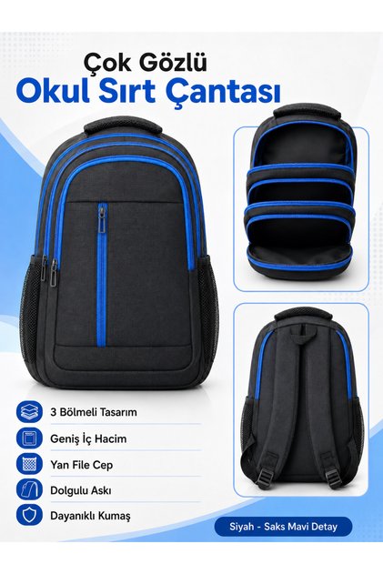 Multi-Compartment Unisex School Backpack – Large Front Pocket with Vertical Zipper, Side Mesh Pockets, Padded Straps
