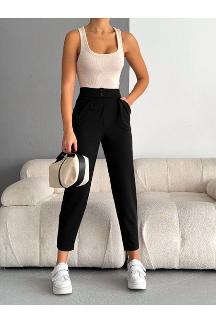 Women's Black High Waist Double Button Lycra Carrot Pants Elt3326