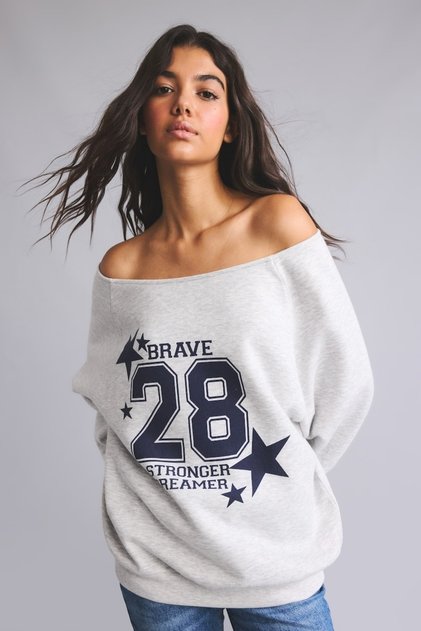 Oversize Kesik Kayık Yaka Baskılı Sweatshirt I0213AX26WN