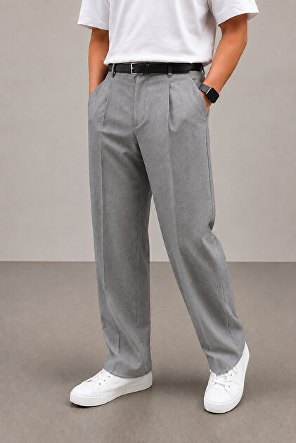 Men's Gray Premium Wide Leg Elastic Waist Fabric Trousers