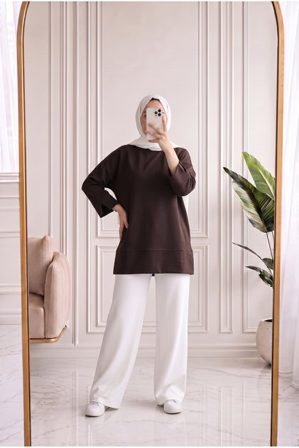 Sırmahan Sleeve Cuffed Slit Tunic-Na912 Brown