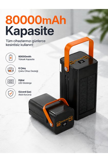80.000 mAh Dev Kapasiteli Powerbank – Güneş Panelli, Dijital Ekranlı,Dahili Kablolu,Fener Özellikli Şarj İstasyonu