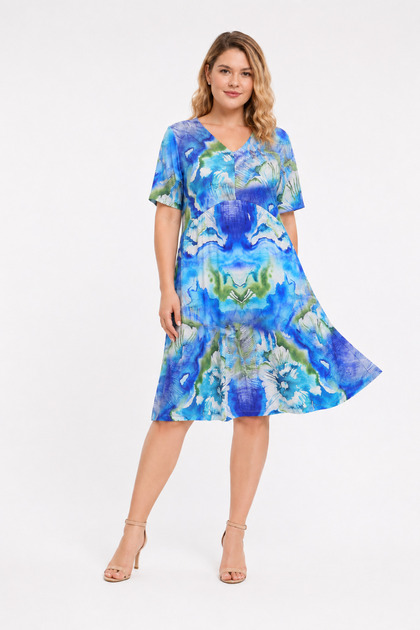 Women's Plus Size, Colorful, V-Neck, Waist Gathered, Patterned Dress 65N39621
