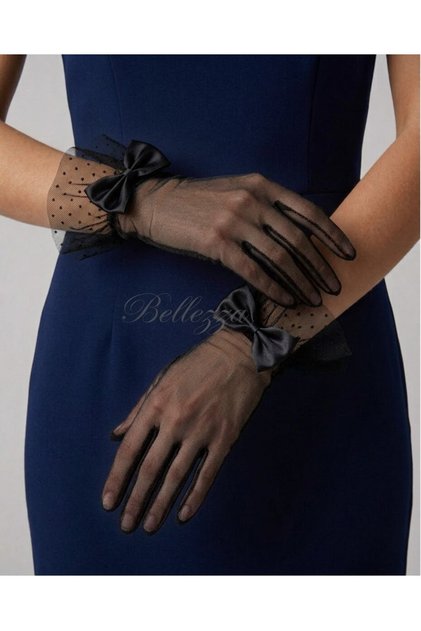 Black Polka Dot Tulle Gloves - Short Evening Dress Gloves with Bow Detail