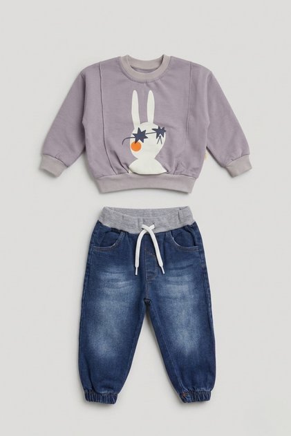 Baby Girl Rabbit Printed Sweatshirt and Jogger Jean Pants Set