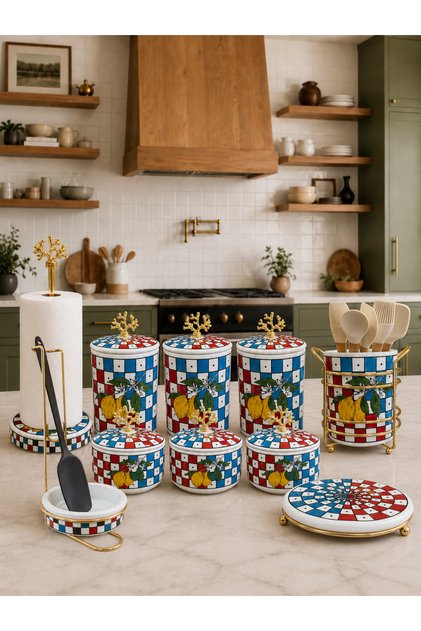 Kitchen Set - Dowry Set 105 Flat Lids 10 Pieces Lemon Checker Color Pattern Gold