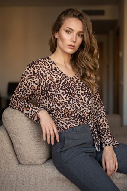 Bluza eleganta de dama cu imprimeu leopard si nod decorativ in talie, A-24