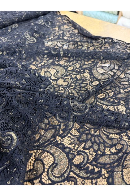 Gold Glitter Shawl Pattern Brode Guipure Lace Fabric - Black & Navy Blue Evening Dress Fabric