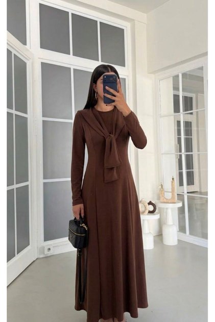 Women's Brown Scarf Detailed Long Modal Dress