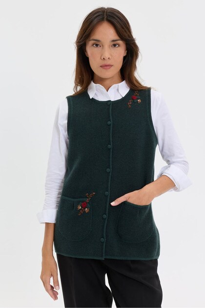 Women's Crew Neck Knitted Rose Embroidered Short Wool Vest Green