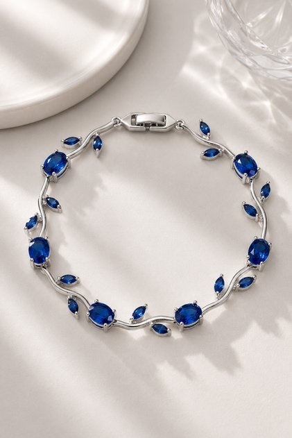 Sapphire Blue Zircon Stone Tulip Silver Steel Bracelet