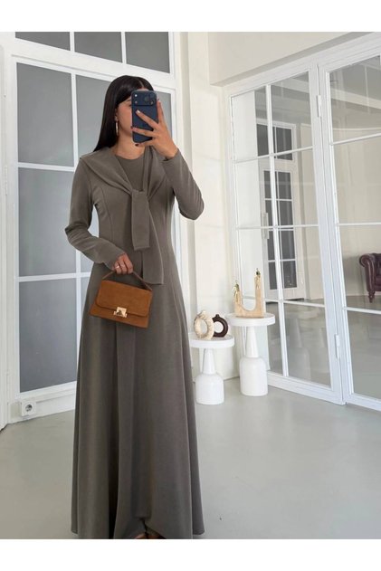 Women's Khaki Long Modal Dress with Scarf Detail