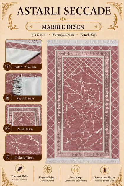 Lined Marble Patterned Chenille Prayer Rug | Soft Textured Non-Slip Sole Patterned Prayer Mat | Pink