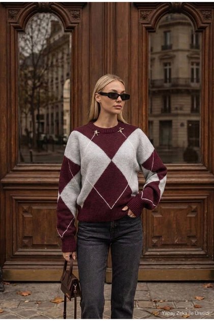 Women's Burgundy Gray W6-35 Oversize Diamond Patterned Accessory Detailed Design Knitwear Sweater