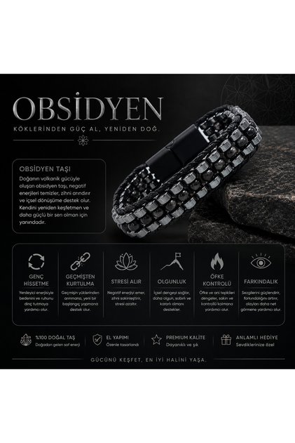 Sertifikalı Obsidyen Disk Model Doğal Taş Erkek Bileklik Kilitli Kapama