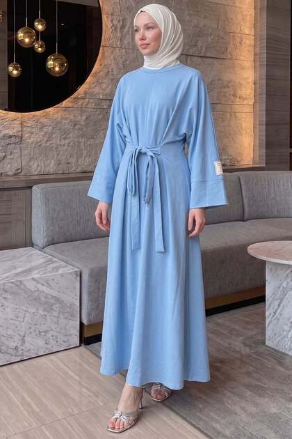 Kuşak Detaylı Elbise 0010-1 - BEBE MAVİSİ