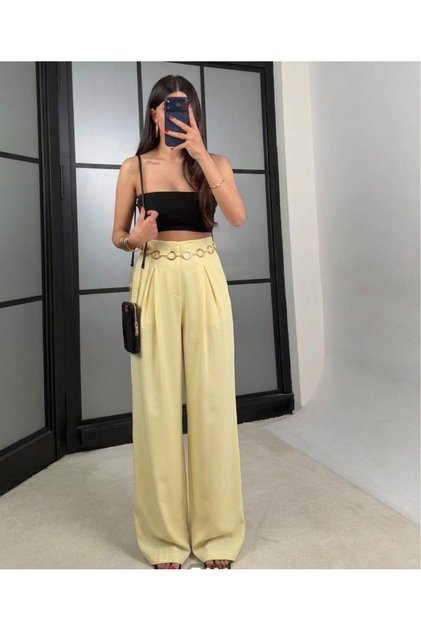 Women's Yellow Belted Pleated Palazzo Trousers with Pockets