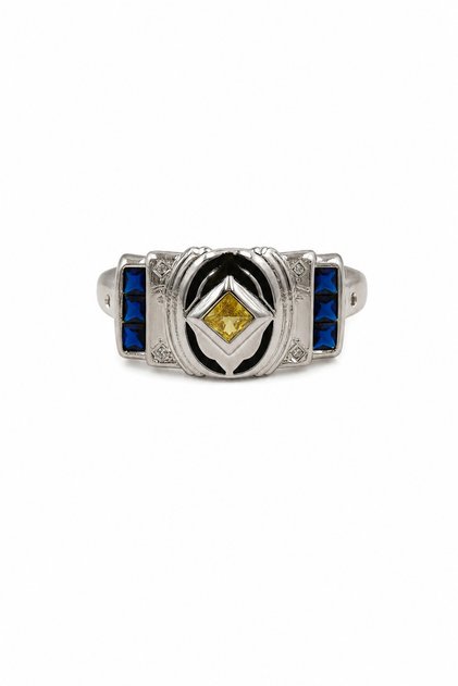 Steel Ring with Yellow Stone and Blue Detail, Modern Design, Unisex Stylish Ring