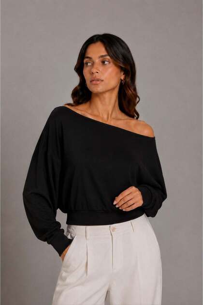 1037 women's boat neck off shoulder batwing long sleeve blouse black