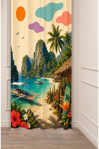 Bali Sea Tropical Vintage Patterned Special Design Digital Printed Background Curtain