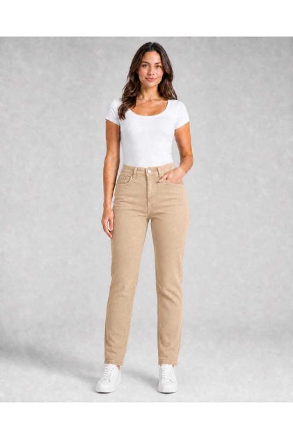 Farah Women's Beige Lycra High Waist Mom Jean