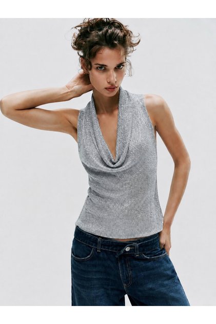 Sırt Dekolteli Triko Bluz Halter Yaka