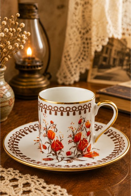 Nostalgic Curtain Patterned Turkish Coffee Cup Set for 2 People 90 ml – Vintage Cup Set with Floral Pattern