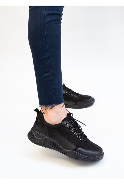 1434 Eren Shoes&Bag Genuine Leather Nubuck Flat Heeled Lace-Up Detailed Daily Comfortable Women's Shoes Real Leather Black