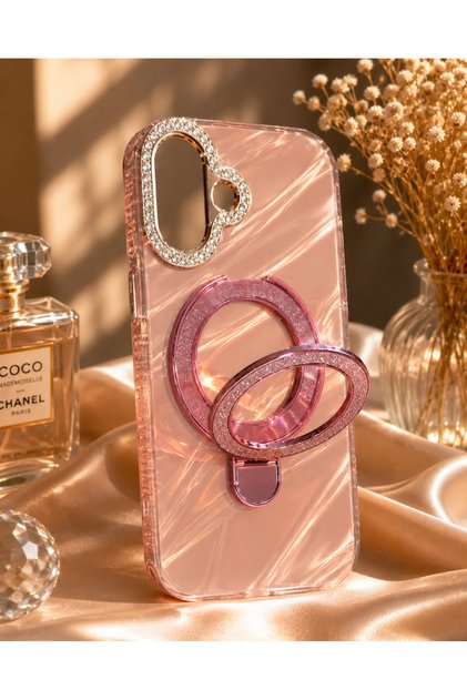 iPhone 16 Compatible Premium Stone Glossy Pearlescent Case with Stand – Camera Frame, Stylish Design, Shock Absorbing