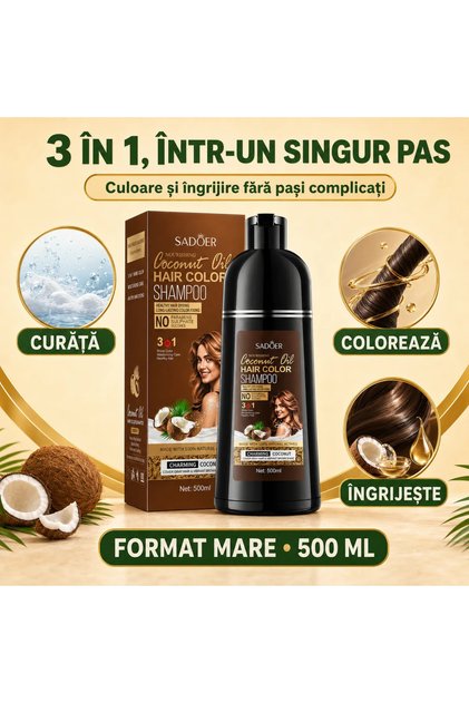 Șampon Nuanțator 3-în-1 (Colorează, Îngrijește și Hrănește Părul), cu Ulei de Cocos