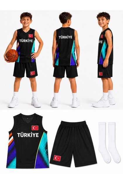 Türkiye Armalı Siyah-Turuncu Çocuk Basketbol Forması Çorap Hediyeli