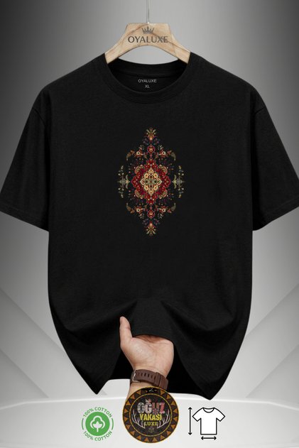 OyaLuxe Erkek Siyah Geleneksel Halı Motifli Etnik İllüstrasyon Baskılı %100 Pamuk Oversize T-Shirt