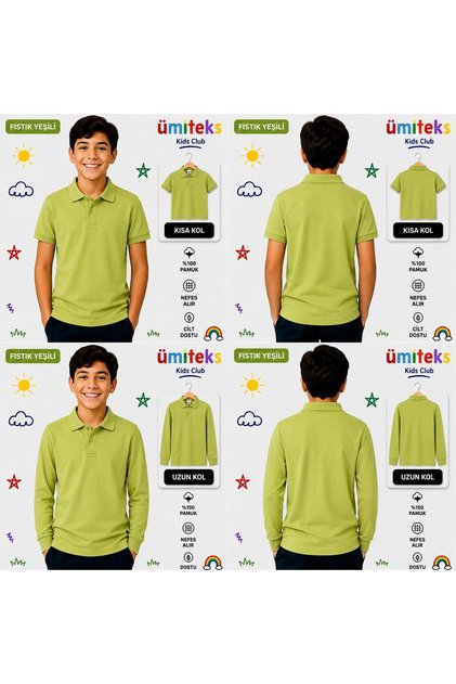 Unisex Children's Polo Collar T-Shirt 100% Cotton Short Sleeve & Long Sleeve School T-Shirt Set of 2