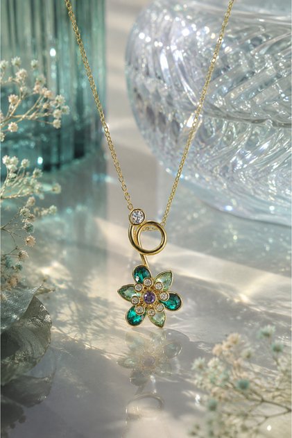 Lydia Green Stone Flower Figured Steel Necklace (Gold Color)