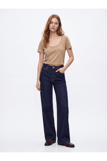 Regular Fit U-Neck Basic Beige T-Shirt