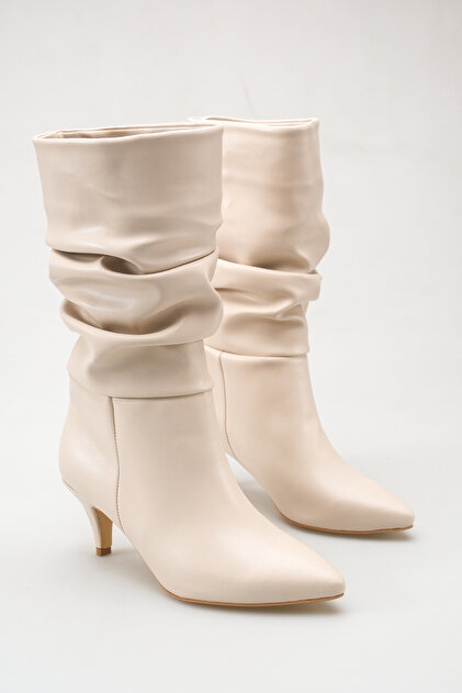 Women's Drawstring Detailed Thin Heeled Short Boots in Nude Skin