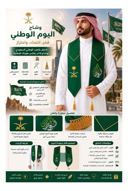 وشاح اليوم الوطني السعودي فاخر باللون الأخضر والذهبي مطرز بشعار السيفين والنخلة وهوية اليوم الوطني