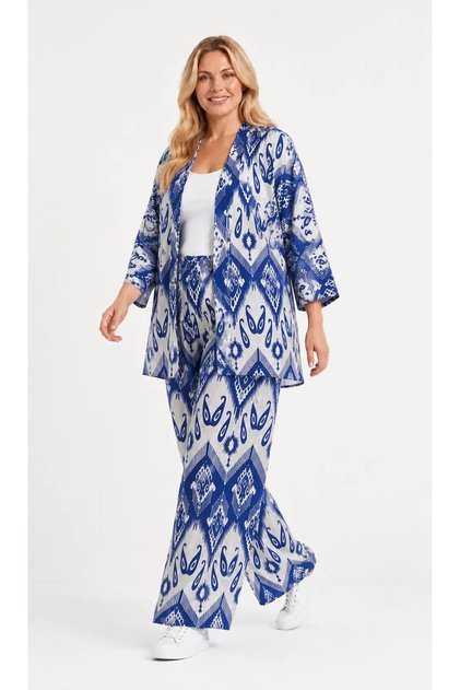Women's Plus Size Ethnic Patterned Blue Kimono Set Hzl26S-Pr10181