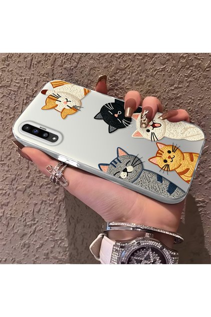 Samsung Galaxy A50/A50S/A30S Uyumlu Karikatür Kedi Düz Baskılı Sert Telefon Kılıfı, Şok Koruması