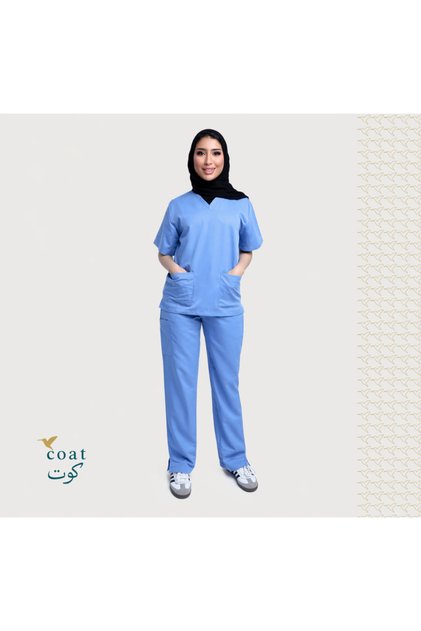 سكراب طبي نسائي كتان سماوي من كوت، بلوزة وبنطلون - M