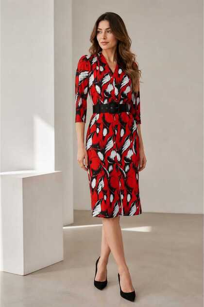 Ro23-39(4) - Rochie midi damă cu imprimeu multicolor, croi lejer