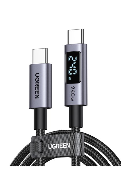 USB-C to UBB-C 240W Dijital Göstergeli Örgü Hızlı Şarj Kablosu, 1m, Siyah, 65866